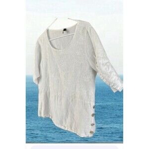 Lungo L'Arno Italy White Linen Sz M Boho Embroidered Tunic Roll Tab Sleeve